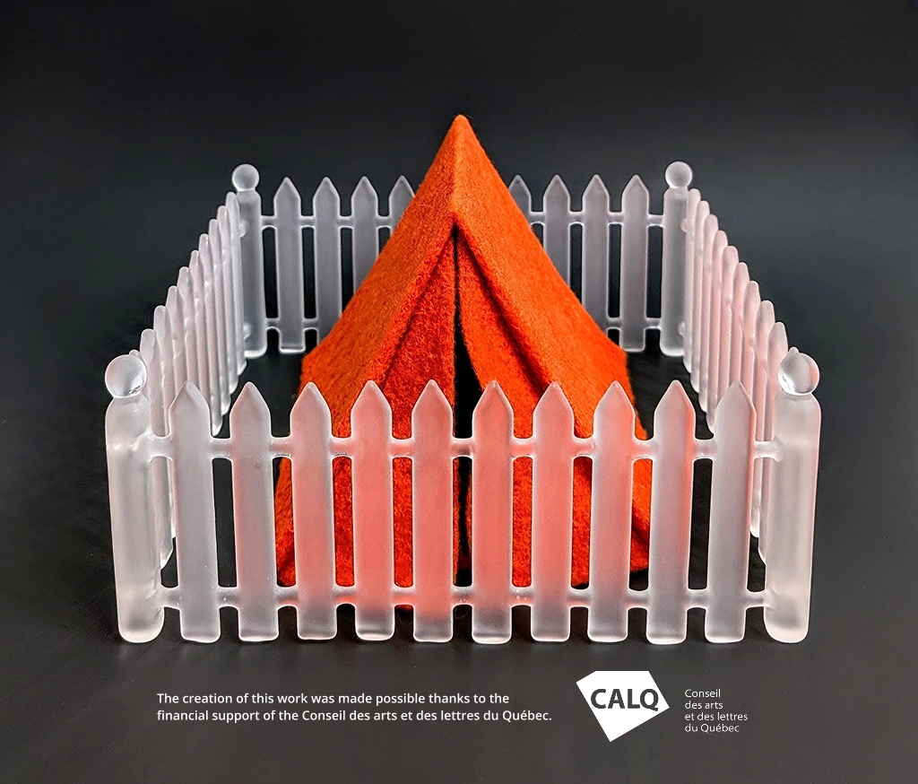 A felted wool tent surrounded by a glass sculpted white picket fence
